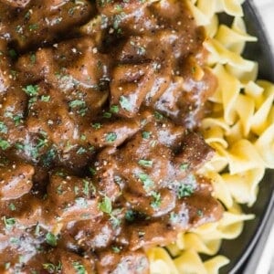 beef tips and gravy over noodles