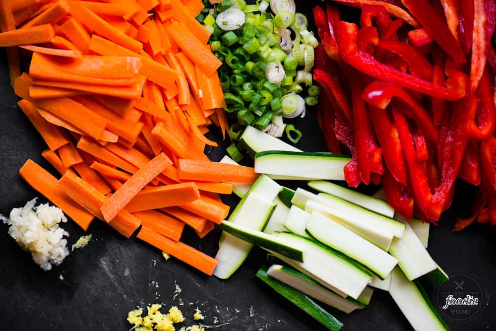 raw vegetables on cutting board for Beef Stir Fry recipe