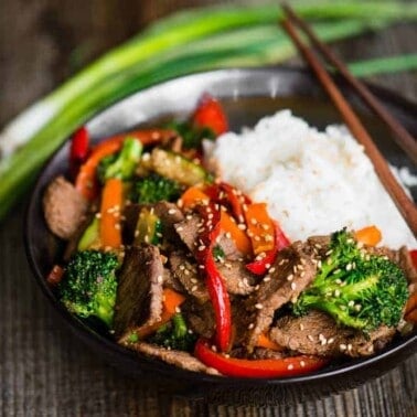 bowl of Beef Stir Fry and rice