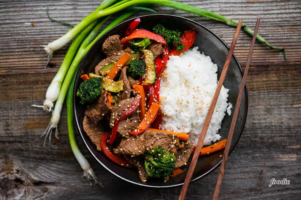 Beef Stir Fry in bowl with rice