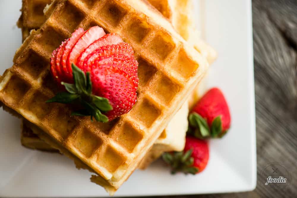 Close view of scratch made Belgian Waffles