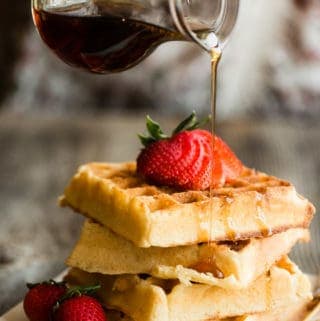 Belgian Waffles recipe with syrup and strawberries