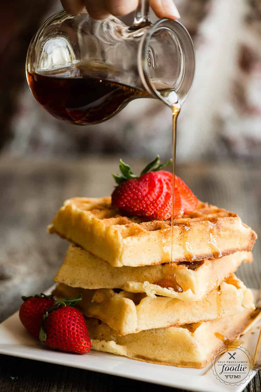 Belgian Waffles recipe with syrup and strawberries