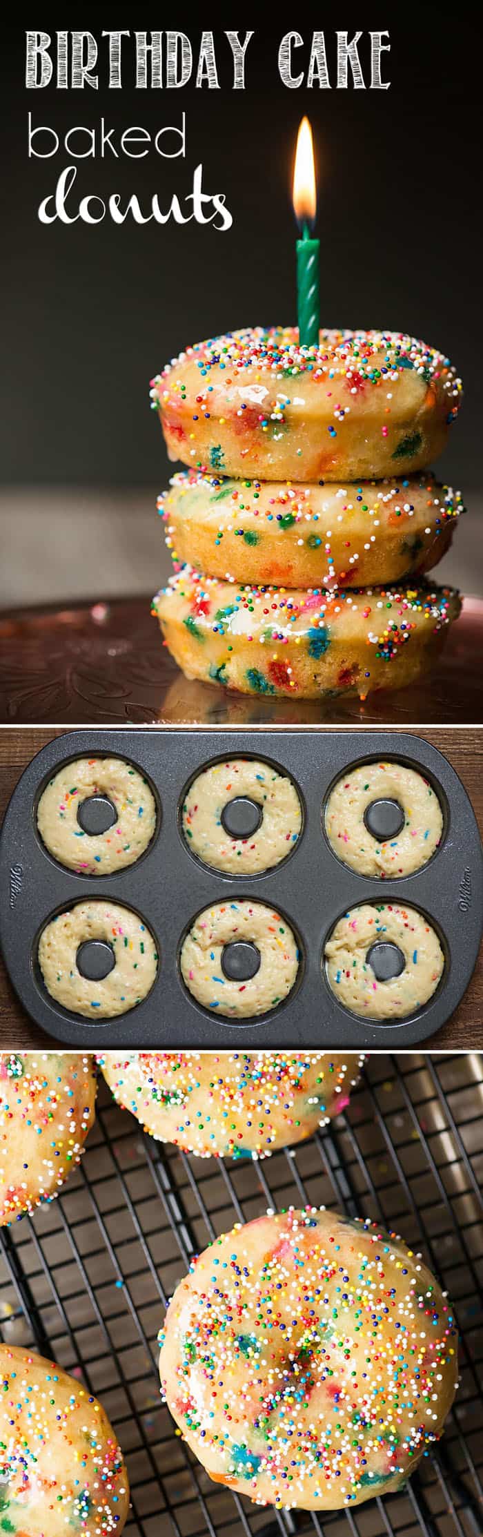 Birthday Cake Baked Donuts are a colorful treat for any occasion. This easy to make recipe will put a smile on anyone's face! Light and fluffy buttermilk donuts are filled with sprinkles. The baked donuts are then dipped in a warm glaze and topped with more sprinkles! Make them for breakfast or dessert! #bakeddonuts #birthdaycake #sprinkles