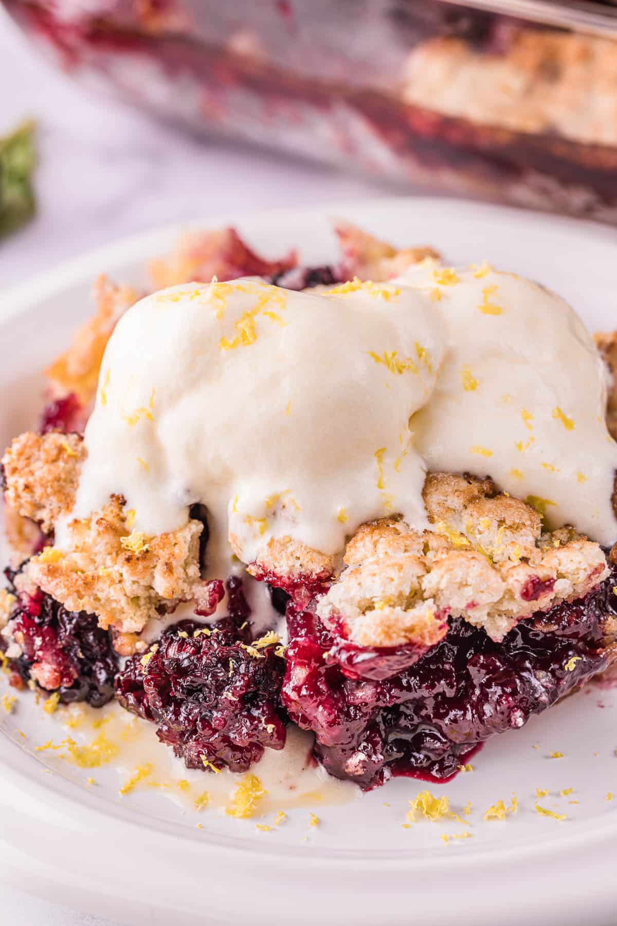 warm blackberry cobbler with vanilla ice cream.