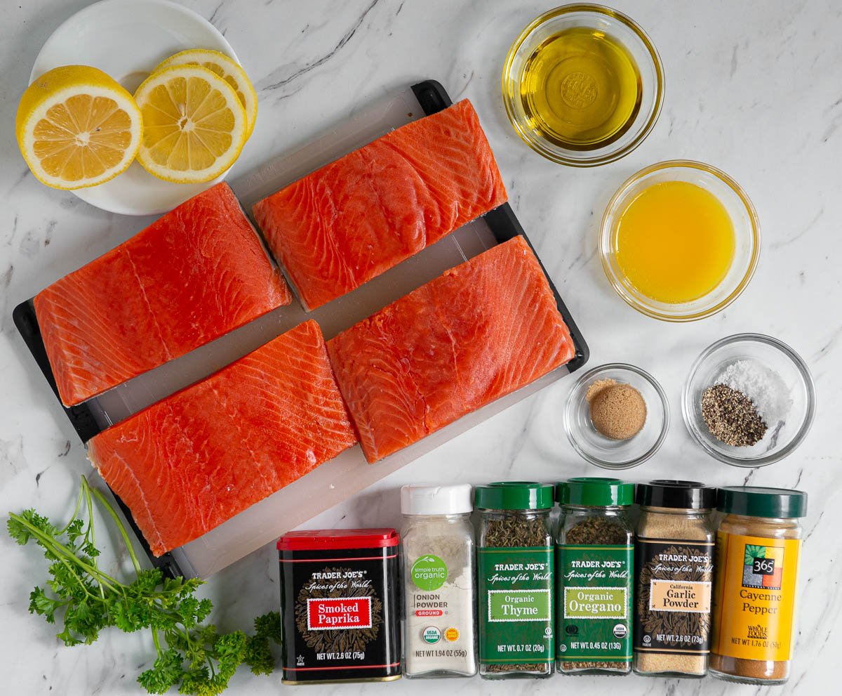 ingredients needed to make blackened salmon filets.