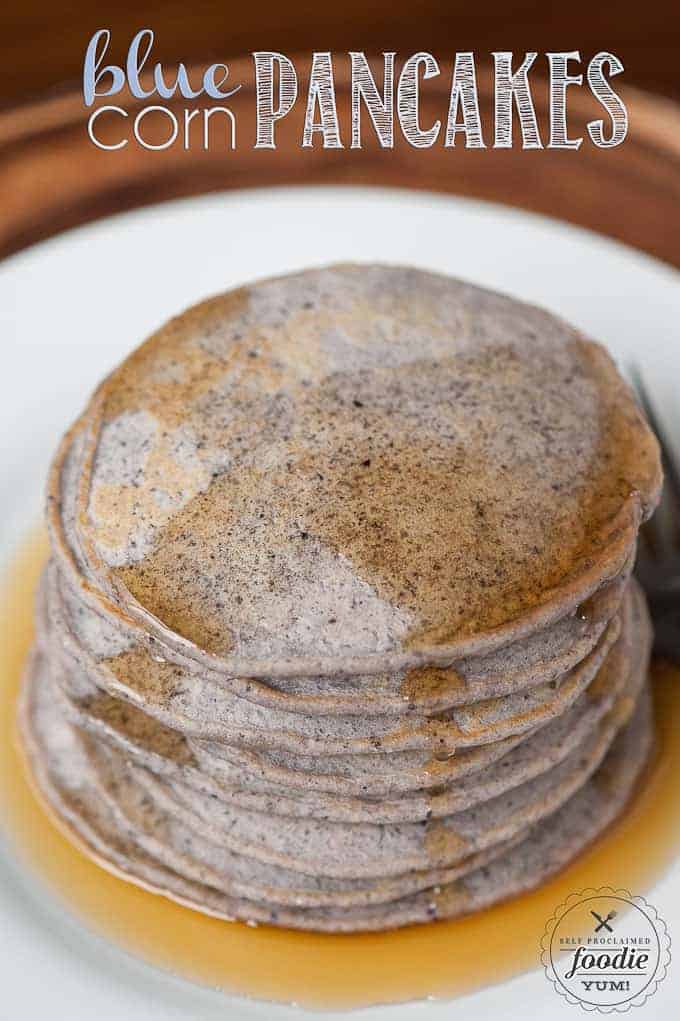 stack of homemade pancakes made with blue cornmeal