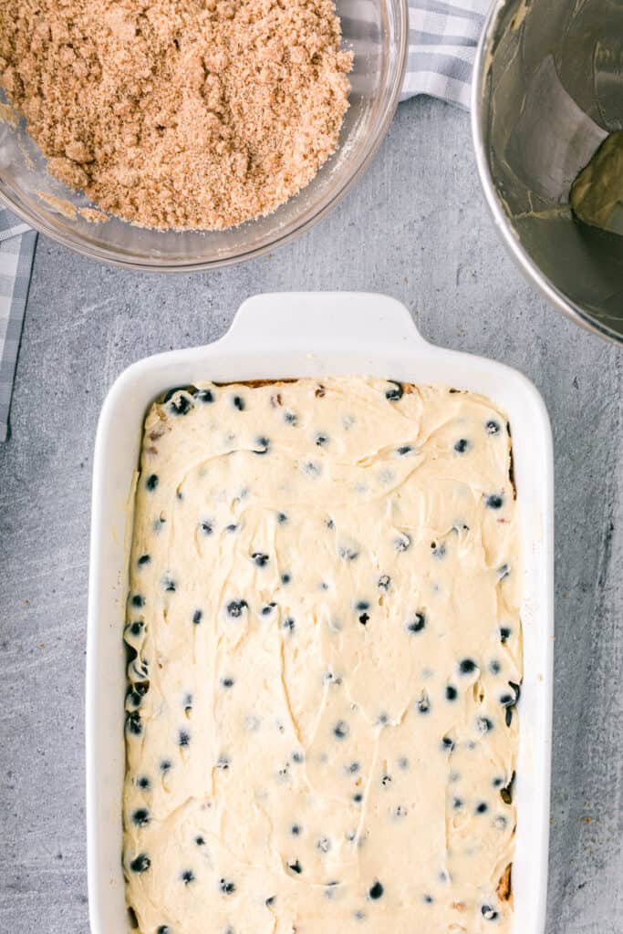 cake batter and blueberries for coffee cake recipe.
