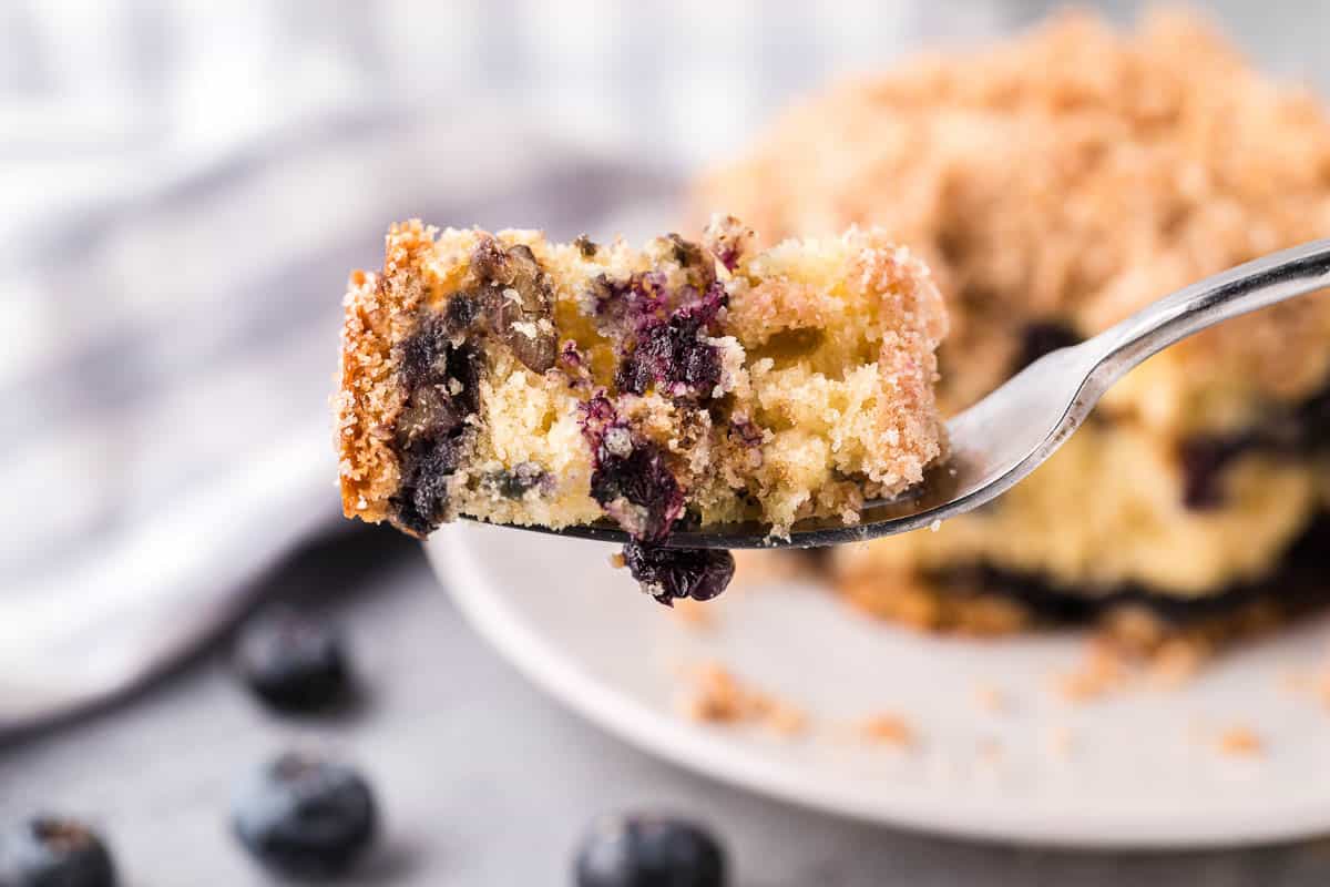 bite of blueberry coffee cake on fork.