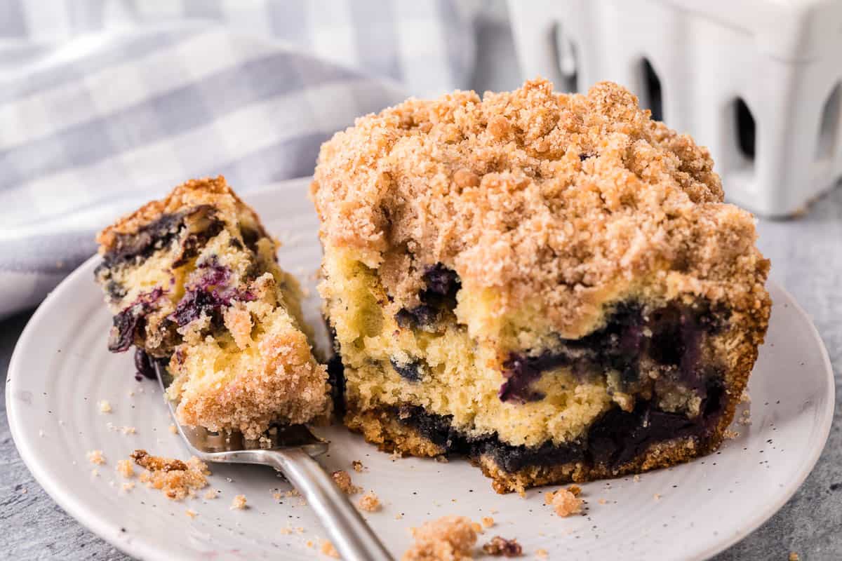 serving of blueberry coffee cake on plate.
