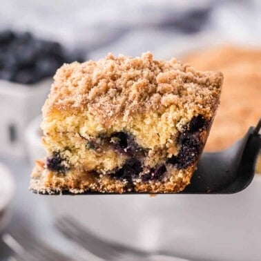 serving of blueberry coffee cake on spatula.