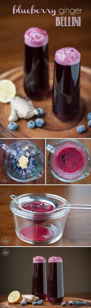 This gorgeous Blueberry Ginger Bellini uses blueberries &amp;amp; blueberry juice paired with fresh ginger to make a refreshing non-alcoholic or boozy cocktail.