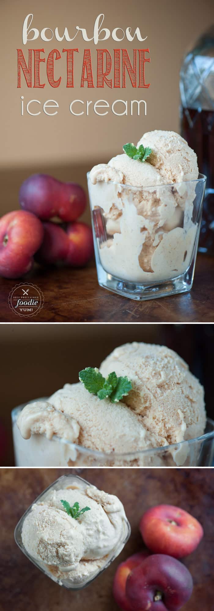This homemade Bourbon Nectarine Ice Cream is the perfect blend between sweet fresh fruit and creamy vanilla bean ice cream with a smooth bourbon finish.