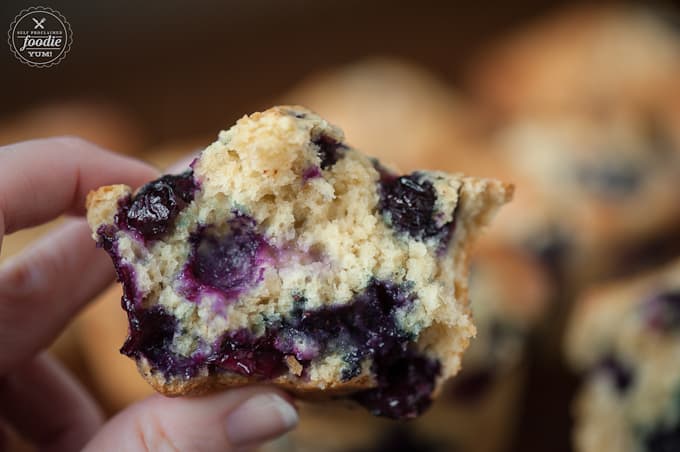 holding a blueberry muffin loaded with fresh blueberries split in half