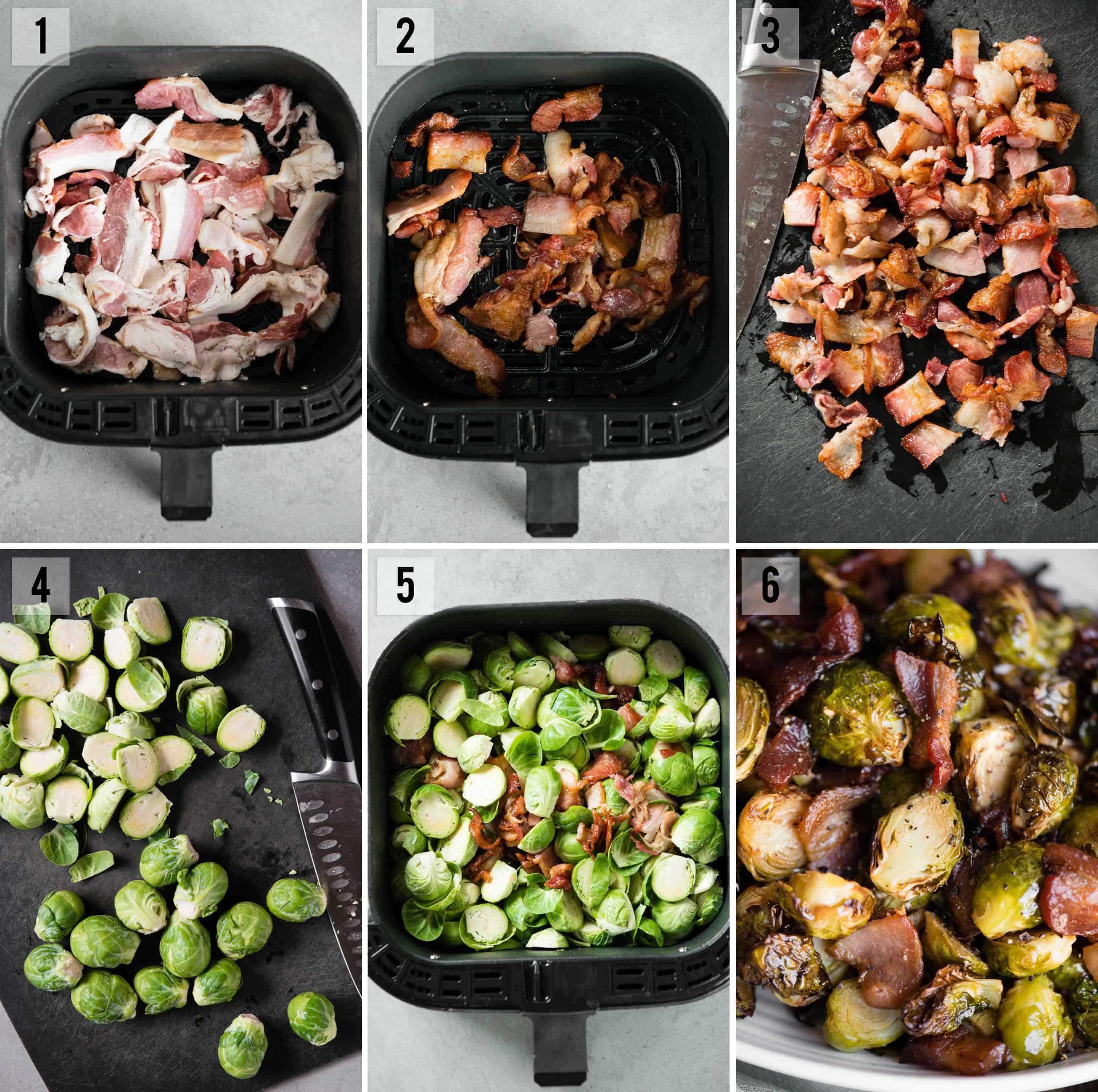 air fryer Brussels Sprouts and Bacon process photos