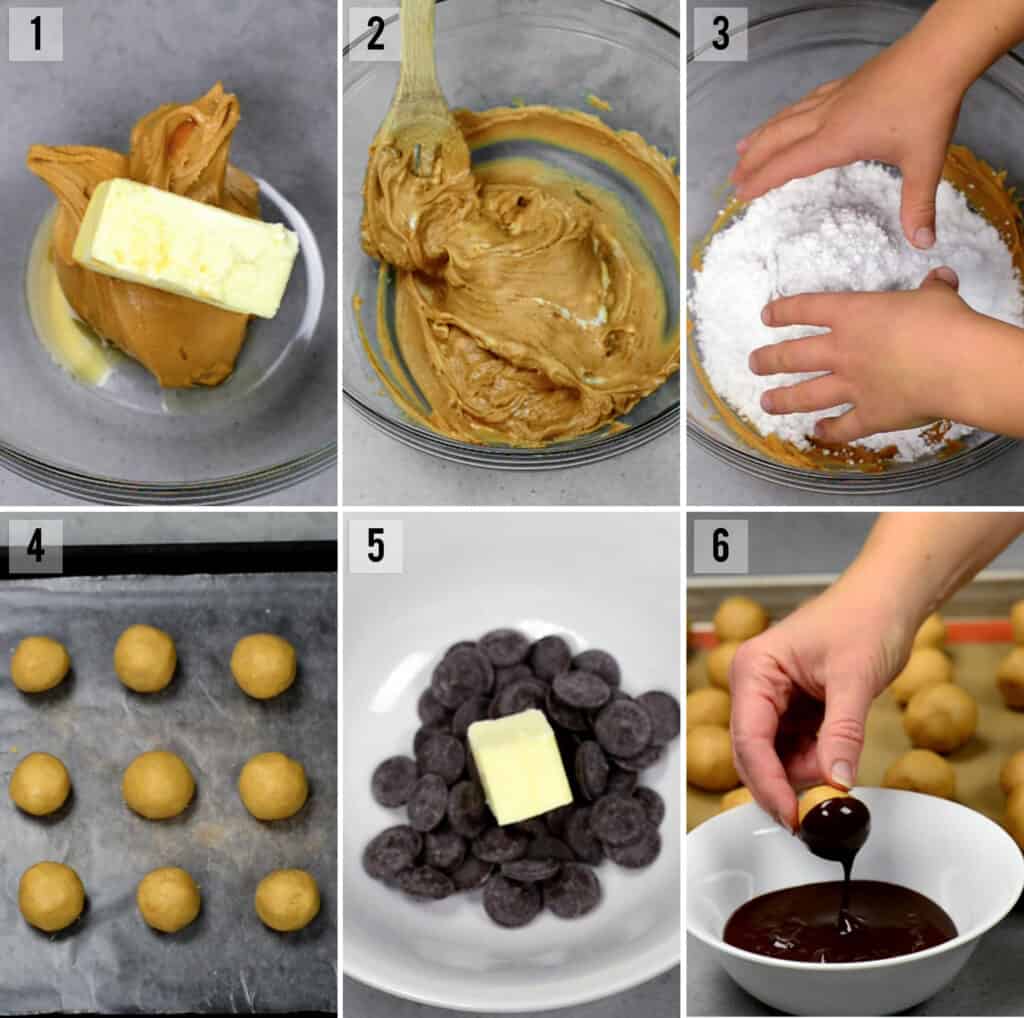 process photos of how to make no bake peanut butter balls dipped in chocolate