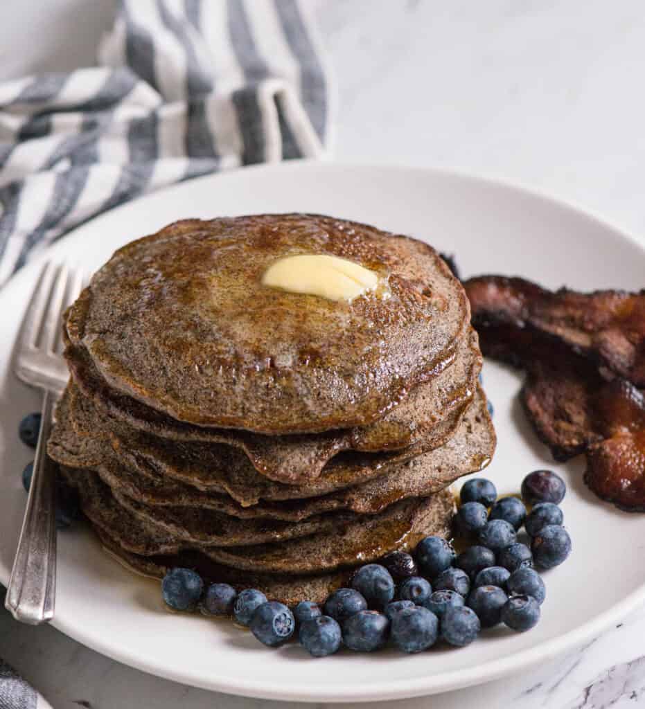 homemade Buckwheat Pancakes with butter and syrup