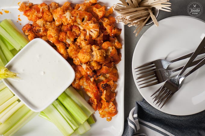 Buffalo cauliflower on square white platter