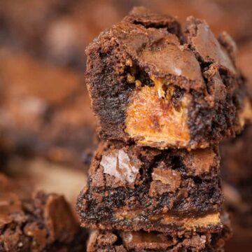 a stack of butter-finger overload brownies