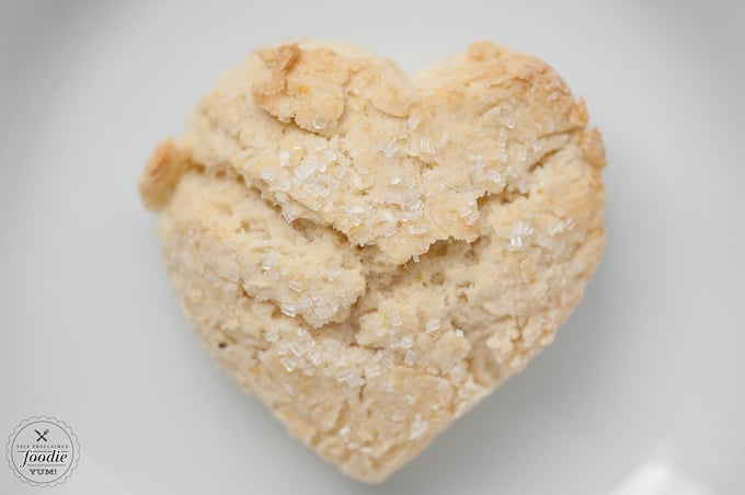 looking down at a baked buttermilk lemon scone in the shape of a heart