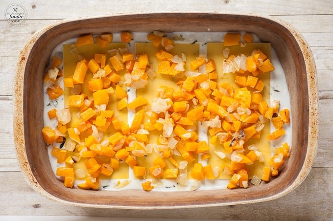 a dish of butternut squash lasagna, before cooking