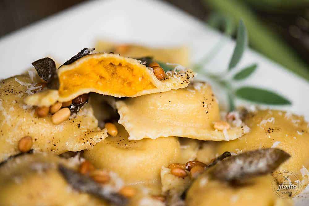 butternut squash ravioli cut in half to show filling