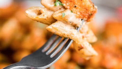 close up of fork with cajun shrimp pasta in cream sauce