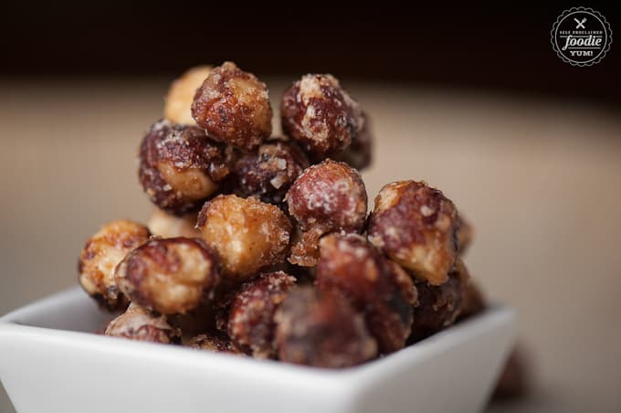 A close up of candied hazelnuts