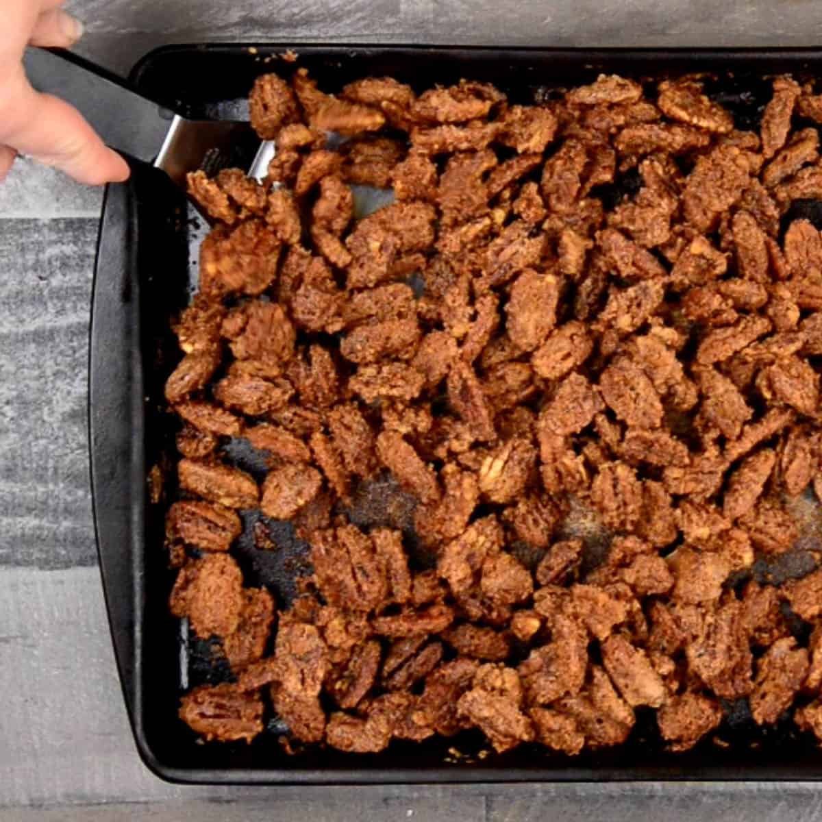 Homemade Candied Pecans after baking in the oven