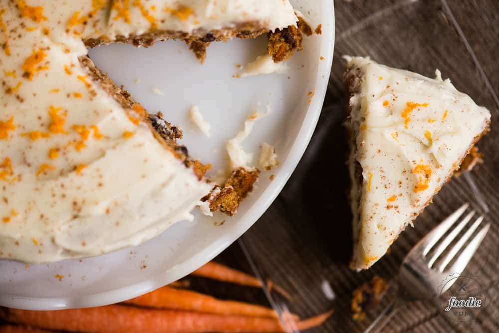 looking down at a slice of homemade carrot cake