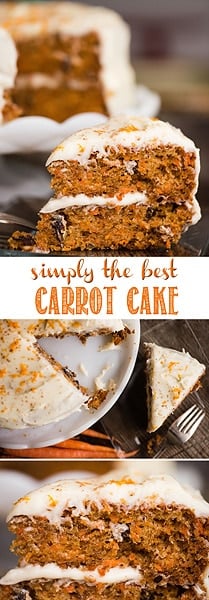 Carrot Cake, loaded with tons of freshly grated carrots and covered with cream cheese frosting, is simply the best moist cake recipe you'll ever make. This simple carrot cake recipe is super easy to make from scratch. Each bite is loaded with flavor and it really is so moist that it will melt in your mouth! #carrotcake #carrot #carrotcakerecipe #bestcarrotcake #moistcarrotcake #cake