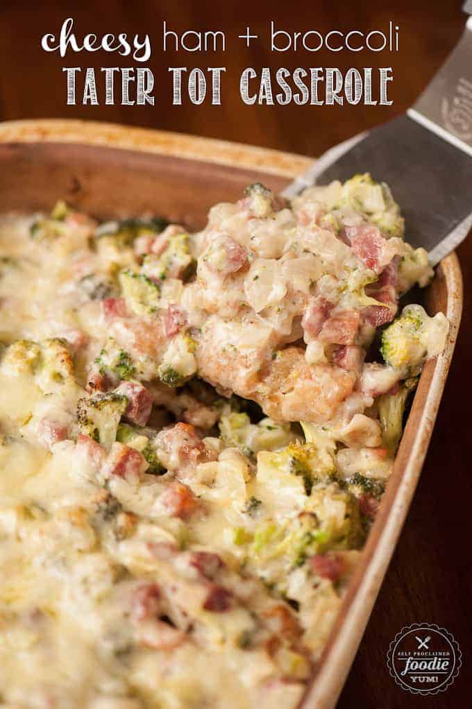casserole with chicken ham broccoli and cheese on tater tots
