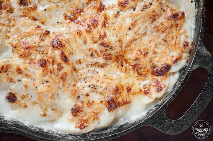 a close up of scalloped potatoes topped with golden brown cheese