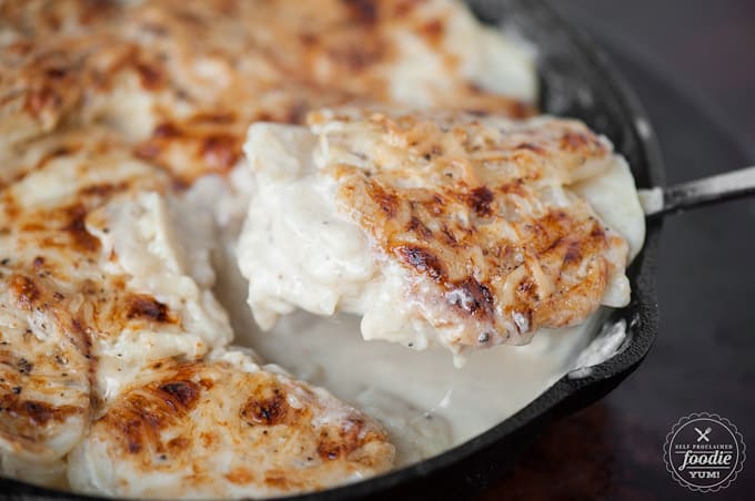 A close up of homemade scalloped potatoes