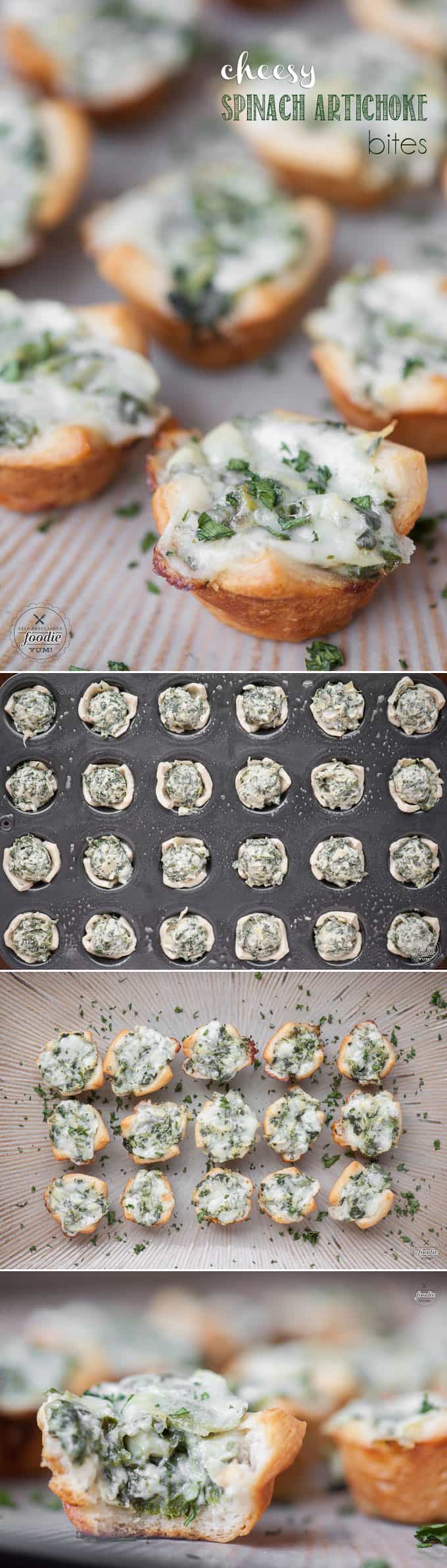 If you're looking for the perfect two bite party appetizer, these Cheesy Spinach Artichoke Bites are definitely a favorite.