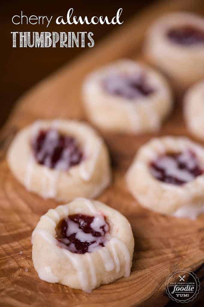 cherry almond thumbprints on a table