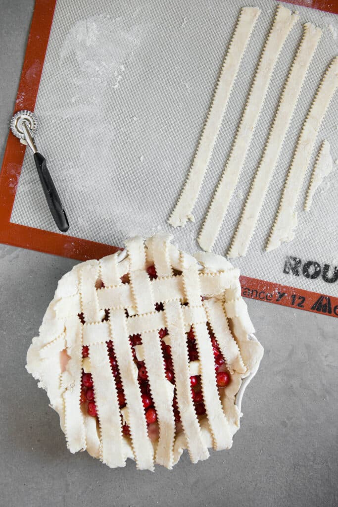 process photo of cherry pie lattice weave