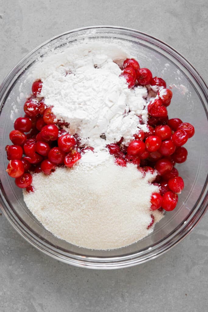 tapioca flour and sugar over tart cherries