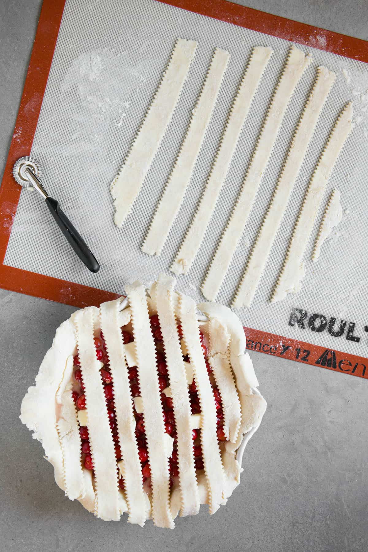 strips of pie dough added to top of pie
