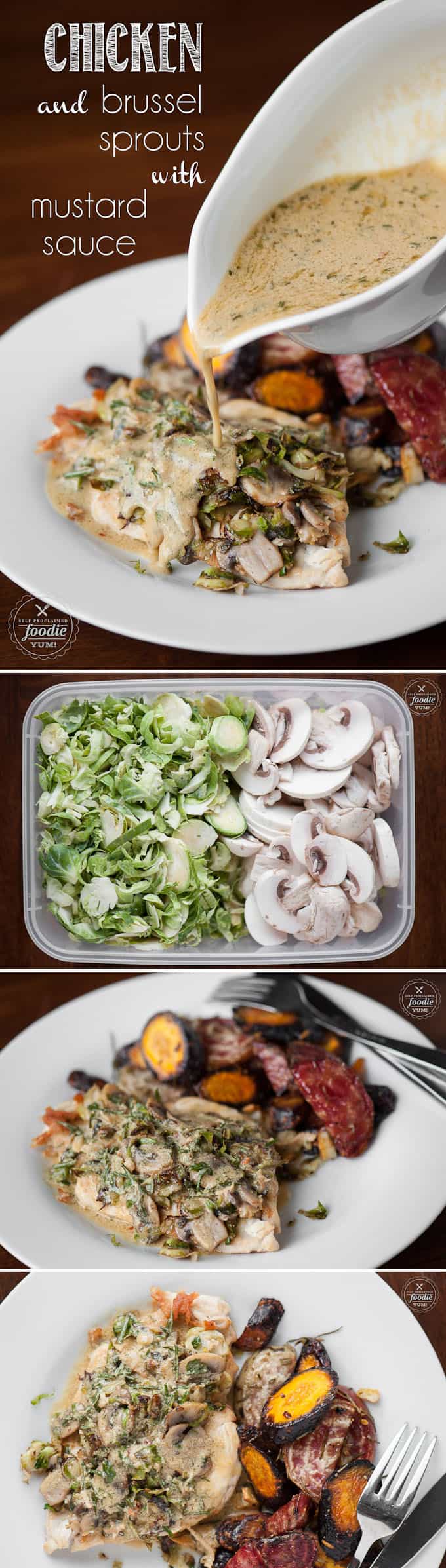 Chicken and Brussel Sprouts with Mustard Sauce is a healthy and low carb meal option that pairs an easy chicken dinner idea with sauteed brussel sprouts. #chicken #brusselssprouts #sauce #mushrooms