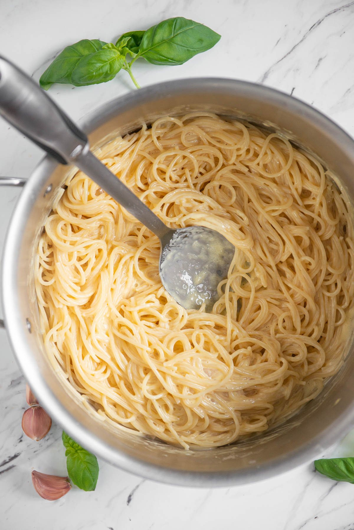 spaghetti with carbonara sauce.