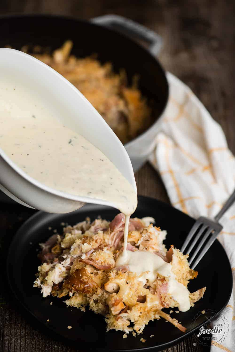 dijon mustard sauce over chicken cordon bleu casserole