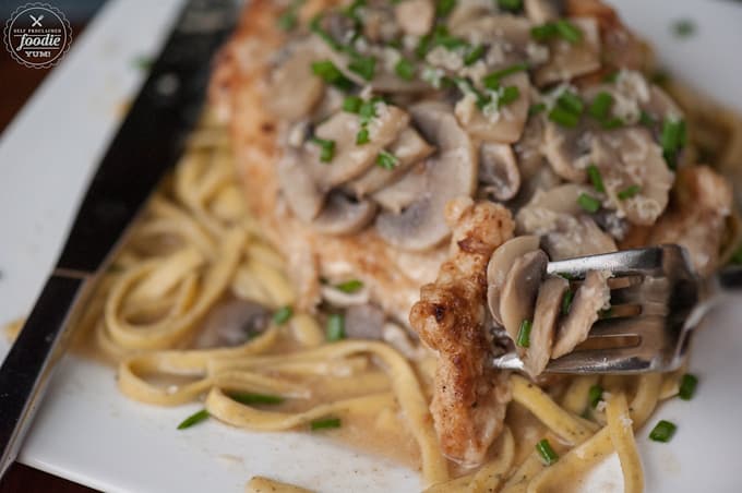 bite of Chicken Marasala with mushrooms and pasta