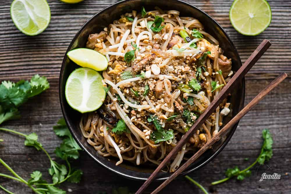 chicken pad thai with chopsticks