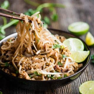 Chicken Pad Thai with rice noodles, peanuts, bean sprouts