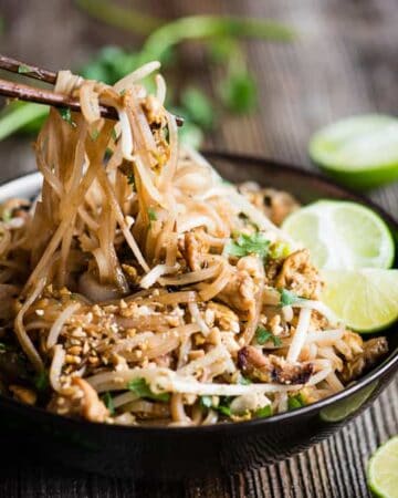 Chicken Pad Thai with rice noodles, peanuts, bean sprouts