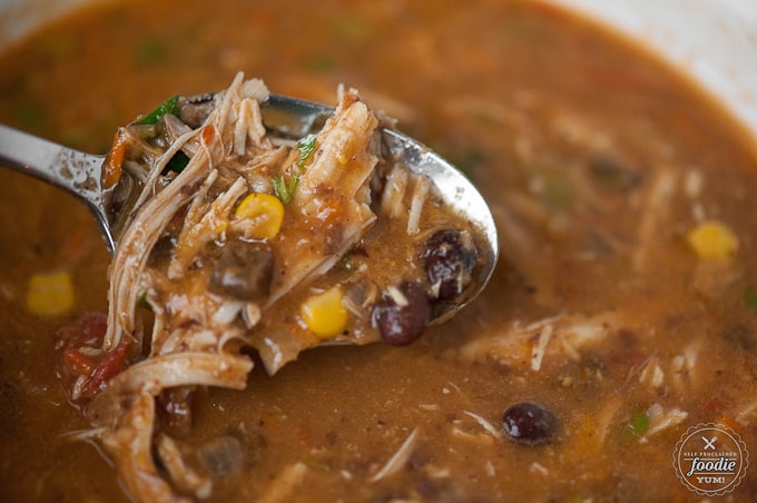 spoonful of authentic homemade chicken soup with tortilla and beans.
