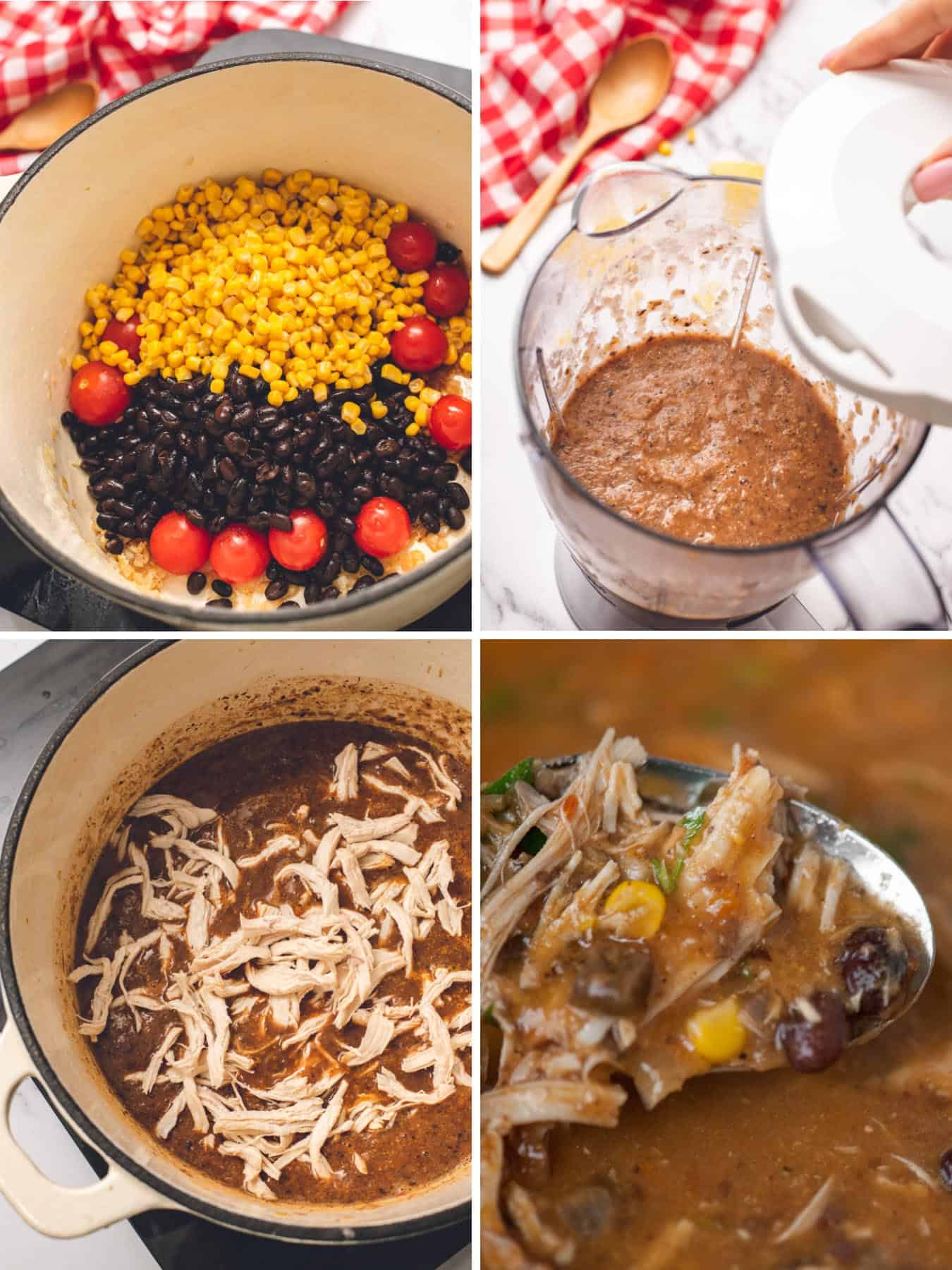 step by step photos for how to make a soup with chicken corn beans and tortilla chips