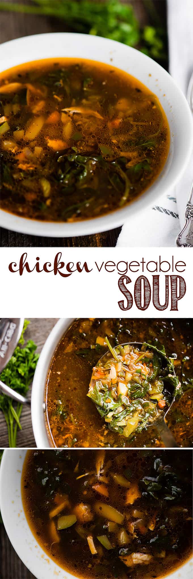 Chicken Vegetable Soup, made with homemade chicken broth and loaded with healthy veggies, is not only a delicious and satisfying meal, but it's nutritious. What's better when you're not feeling well than a homemade chicken soup? Feed your body and soul with this nourishing and comforting bowl of healthy soup! #chicken #soup #chickensoup #chickenvegetablesoup #homemade #homemadesoup