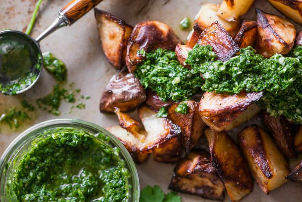 how to roast potatoes with Chimichurri sauce